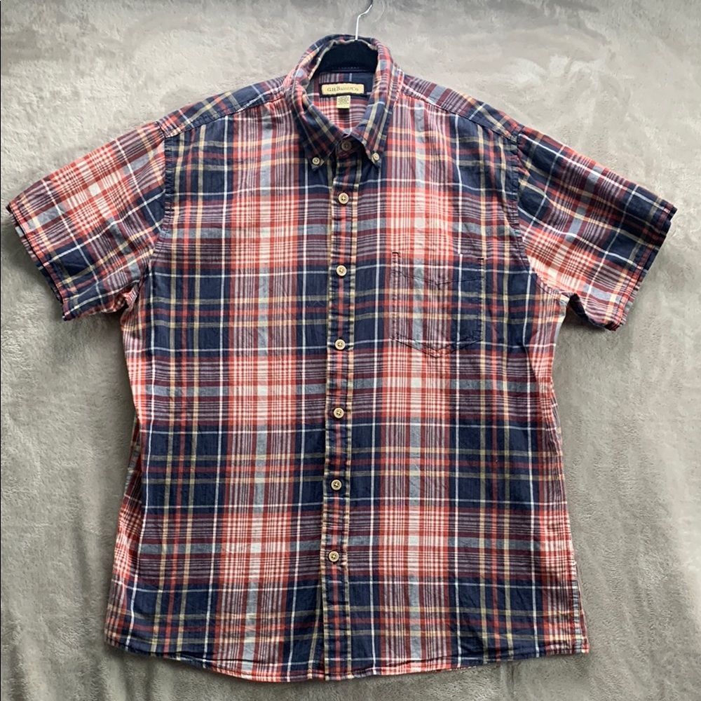 G.H BASS & CO ✬ LARGE MENS PLAID SHORT SLEEVE SHIRT BUTTON DOWN ✬ ORANGE NAVY